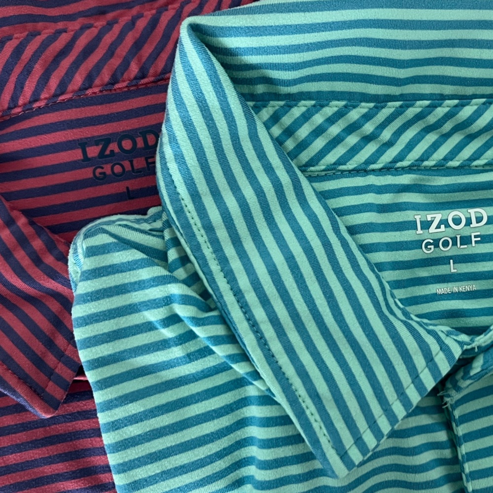 Set of 2 Izod Men’s Polo Shirts - Blue and Pink Striped - Size L - Picture 2 of 8